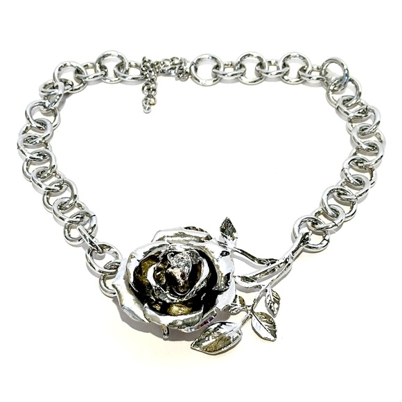 BOLD ROSE | Dramatic Sculpted Silver Rose Choker Necklace | NWOT - Picture 3 of 12